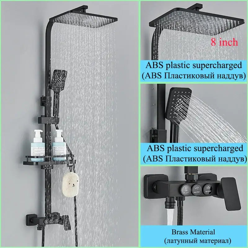 Modern matte black shower faucet set with abs plastic and brass, square rainhead, handheld shower, and integrated shelf