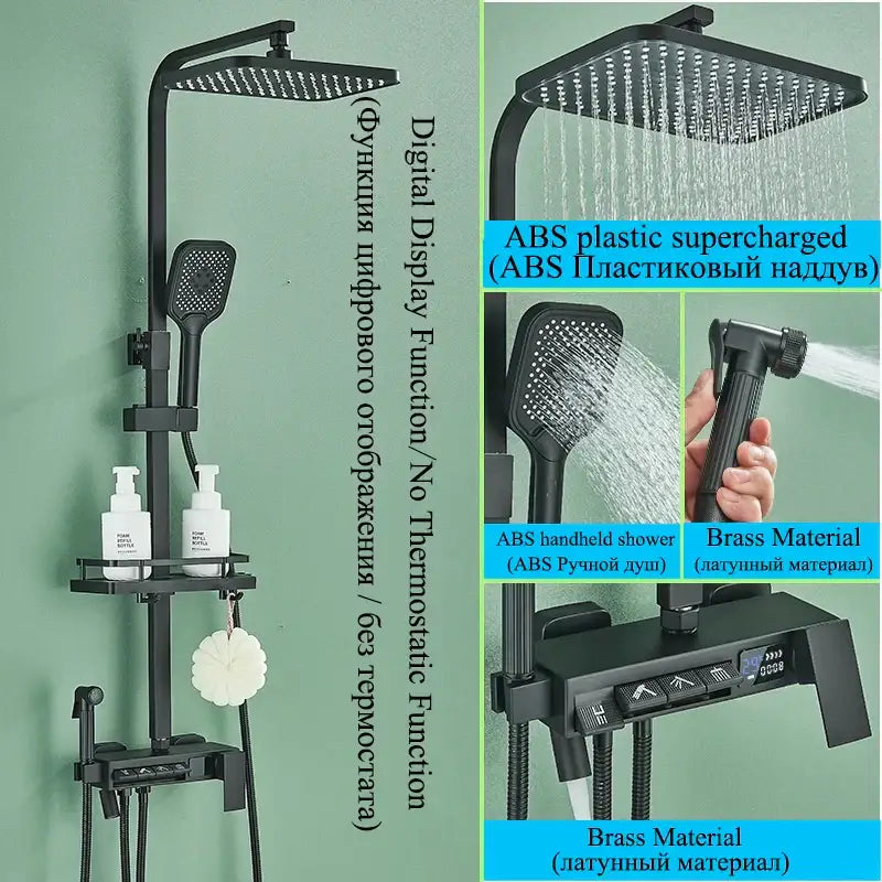 Modern matte black shower faucet set with abs plastic and brass digital rainfall column and square rainhead control panel