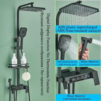 Modern matte black shower faucet set with abs plastic and brass digital rainfall column and square rainhead control panel