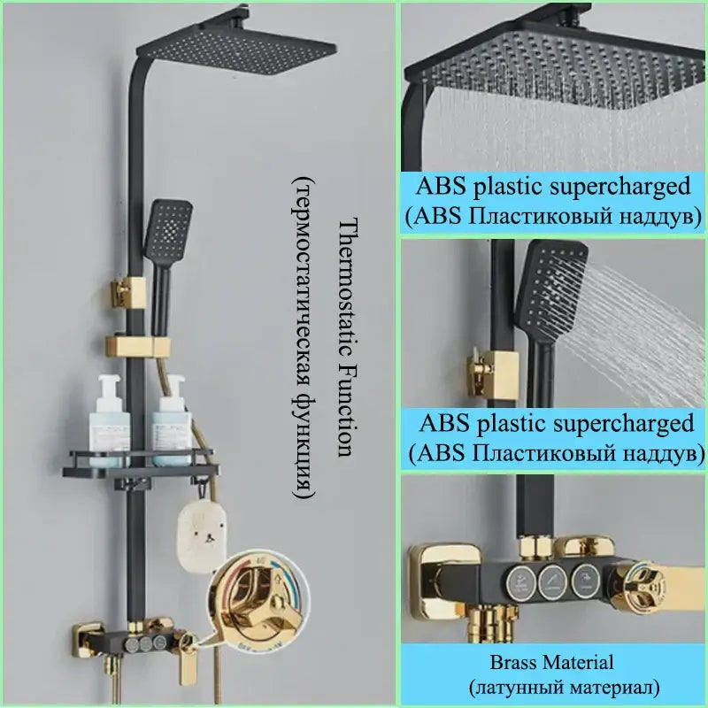 Modern matte black shower faucet set with black and gold thermostatic system, square rainhead, and brass mixing valve