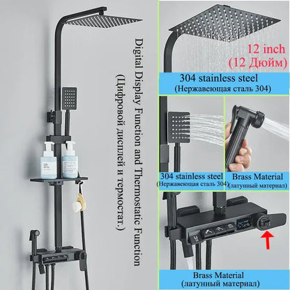Modern matte black shower faucet set with 12-inch 304 stainless steel rain shower head and digital thermostatic control panel