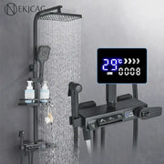 Modern matte black shower faucet set with digital display and rainhead for bathroom rainfall column use