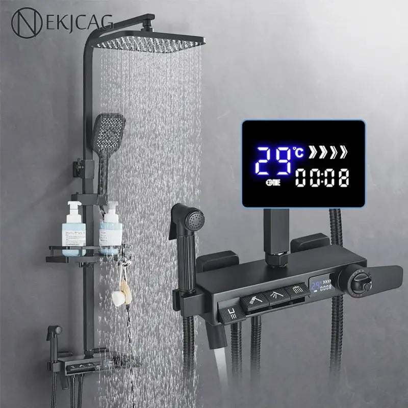 Modern matte black shower faucet set with digital display and rainhead for bathroom rainfall column use