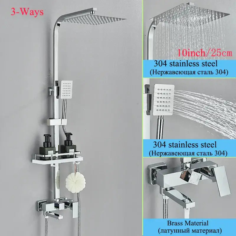 Modern matte black shower faucet set featuring a chrome-finished 3-way system with square rainhead and brass faucet assembly