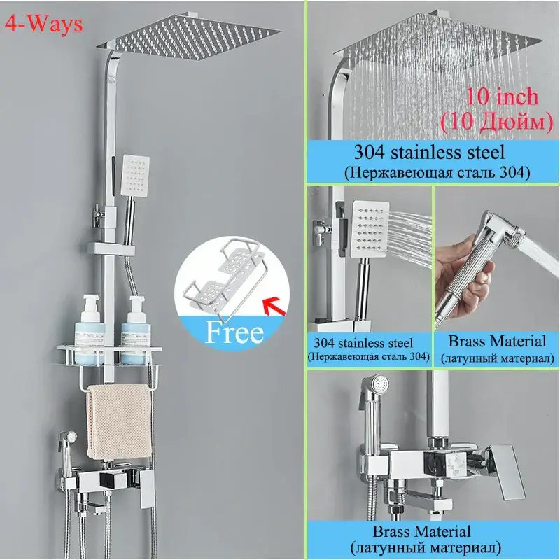 Modern chrome finished 304 stainless steel and brass shower faucet set with square rainhead and handheld sprayer