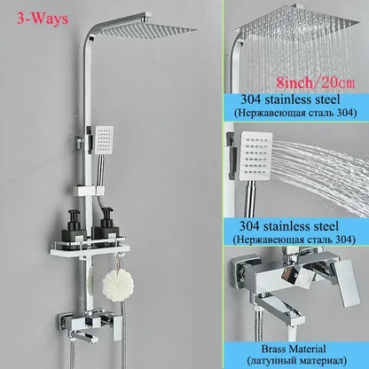 Modern matte black shower faucet set with chrome finished 3-way system including square rainhead and stainless steel faucet set
