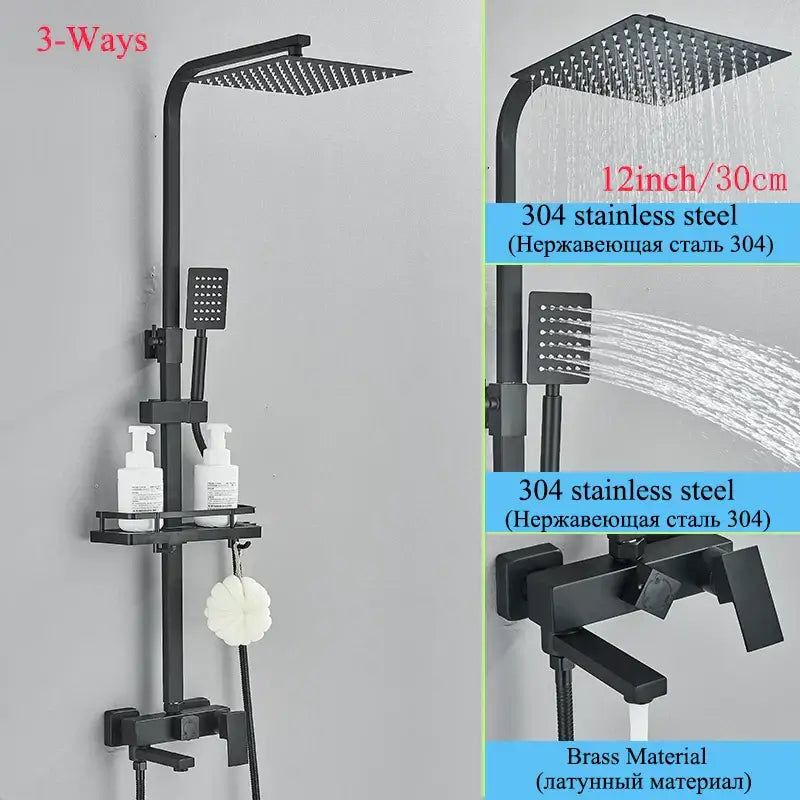 Modern matte black shower faucet set with 3-way matte black shower faucet made of stainless steel and brass with rainhead and shelf