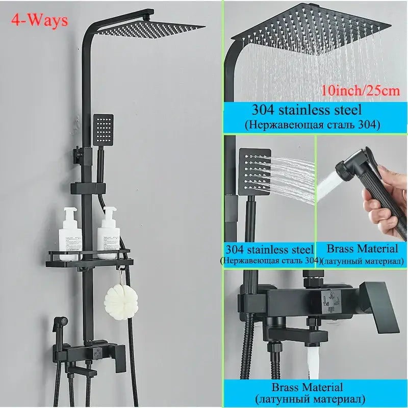 Modern matte black shower faucet set in black matte 304 stainless steel with square rainhead and handheld spray