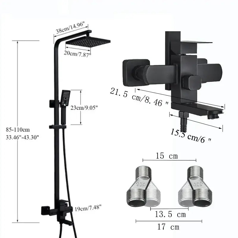 Modern matte black shower faucet set with square rainhead, handheld spray, and wall-mounted faucet assembly