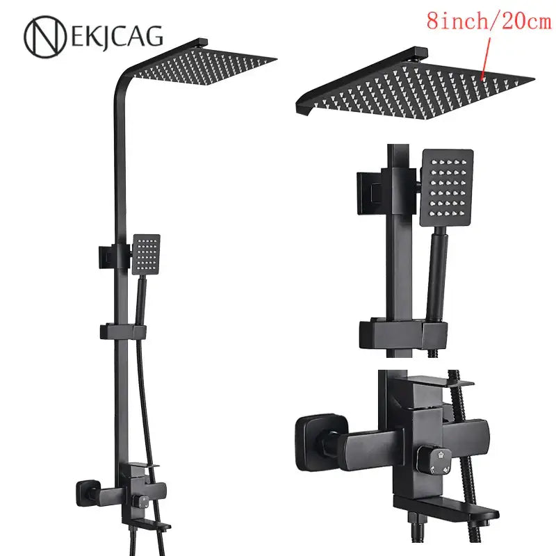 Modern matte black shower faucet set with square rainhead handheld spray and wall-mounted control valve in black matte finish