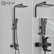 Modern matte black shower faucet set with black matte finish and square rainhead handheld spray nozzle faucet set
