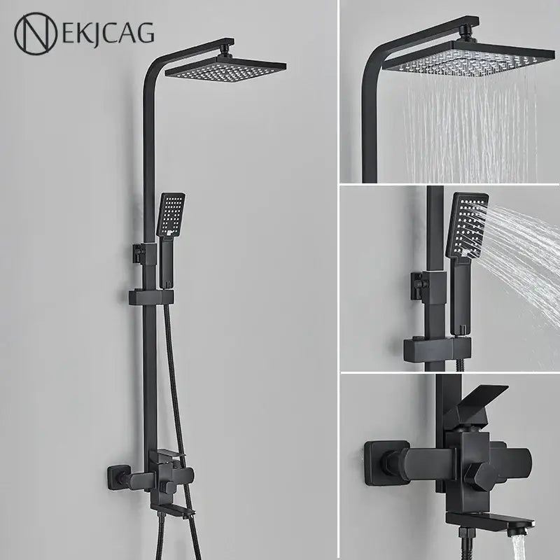 Modern matte black shower faucet set with black matte finish and square rainhead handheld spray nozzle faucet set