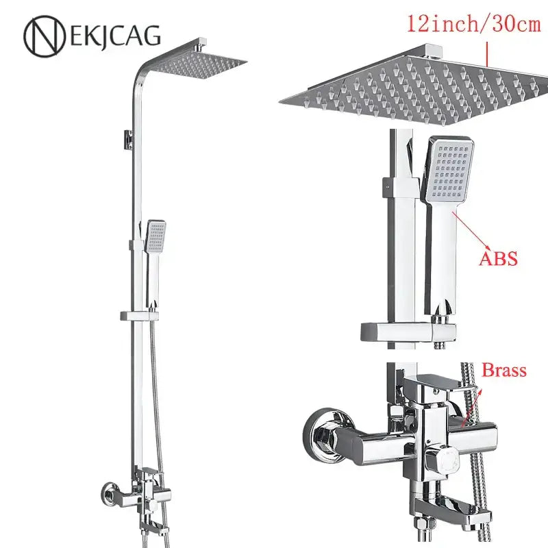 Modern matte black shower faucet set with chrome finished 12-inch square rain shower head and brass mixing valve