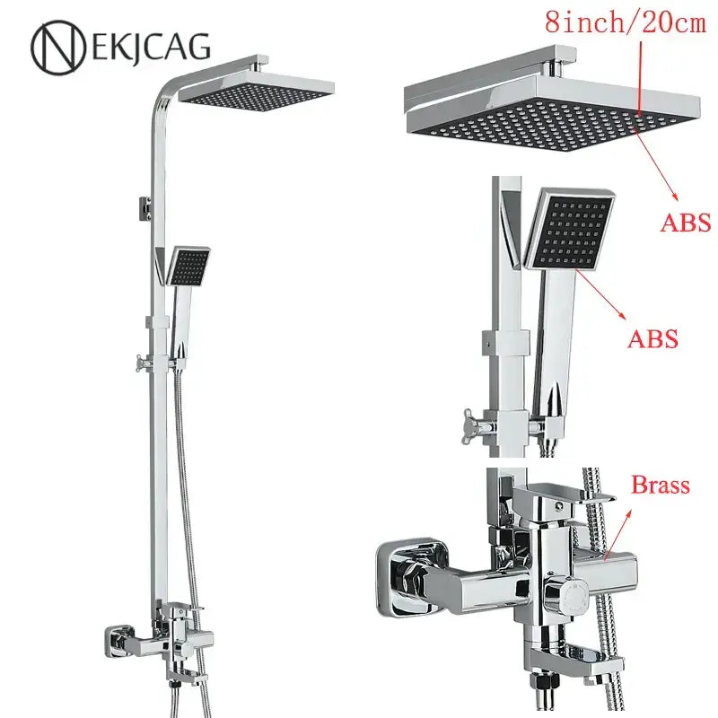 Modern matte black shower faucet set with chrome-finished ekjcag shower faucet featuring square rainhead and handheld spray
