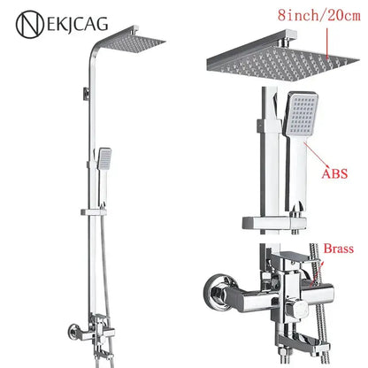 Modern matte black shower faucet set with chrome ekjcag shower system, square rainhead, abs spray head, and brass valve
