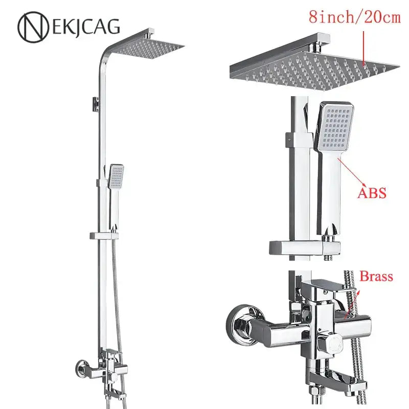 Modern matte black shower faucet set with chrome ekjcag shower system, square rainhead, abs spray head, and brass valve