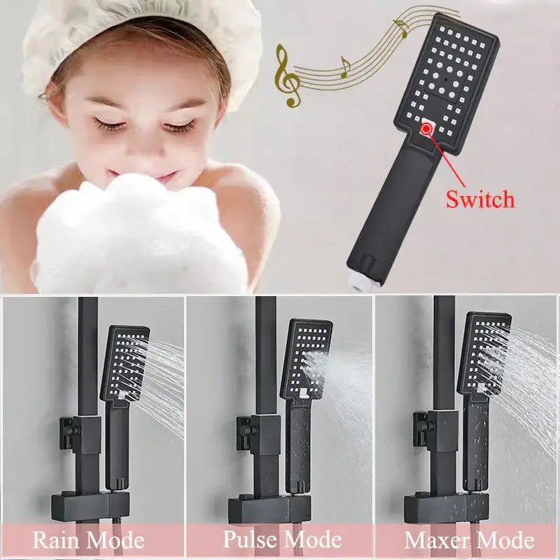 Modern matte black shower faucet set with a black rectangular textured showerhead and a red switch button