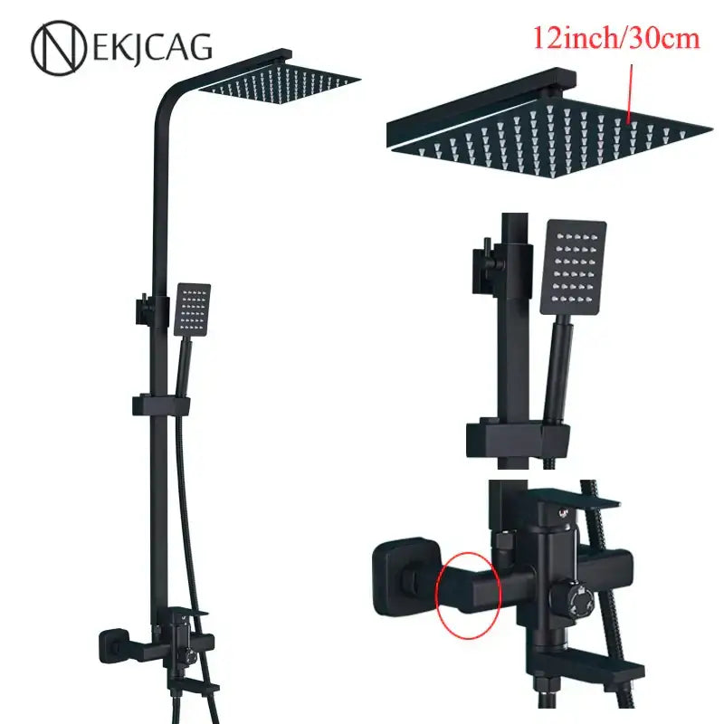 Modern matte black shower faucet set with square rainhead handheld spray and integrated control valve in matte finish