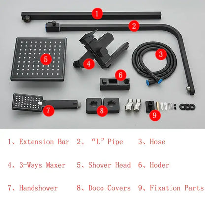 Modern matte black shower faucet set featuring a black matte-finish shower head with circular nozzles for shower use