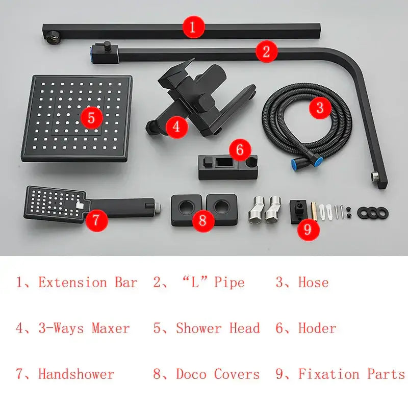 Modern matte black shower faucet set featuring a black matte-finish shower head with circular nozzles for shower use