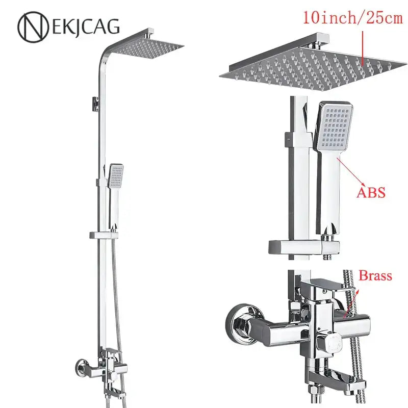 Modern matte black shower faucet set with chrome finished 10-inch rainhead handheld spray and brass mixing valve