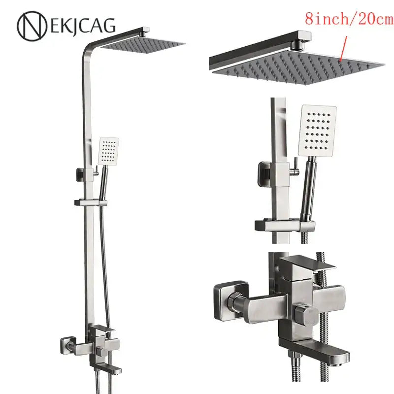 Modern matte black shower faucet set featuring a stainless steel square rain shower head with multiple spray settings