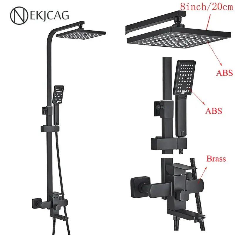 Modern matte black shower faucet set with square rainhead and handheld spray made of abs plastic and brass valve assembly