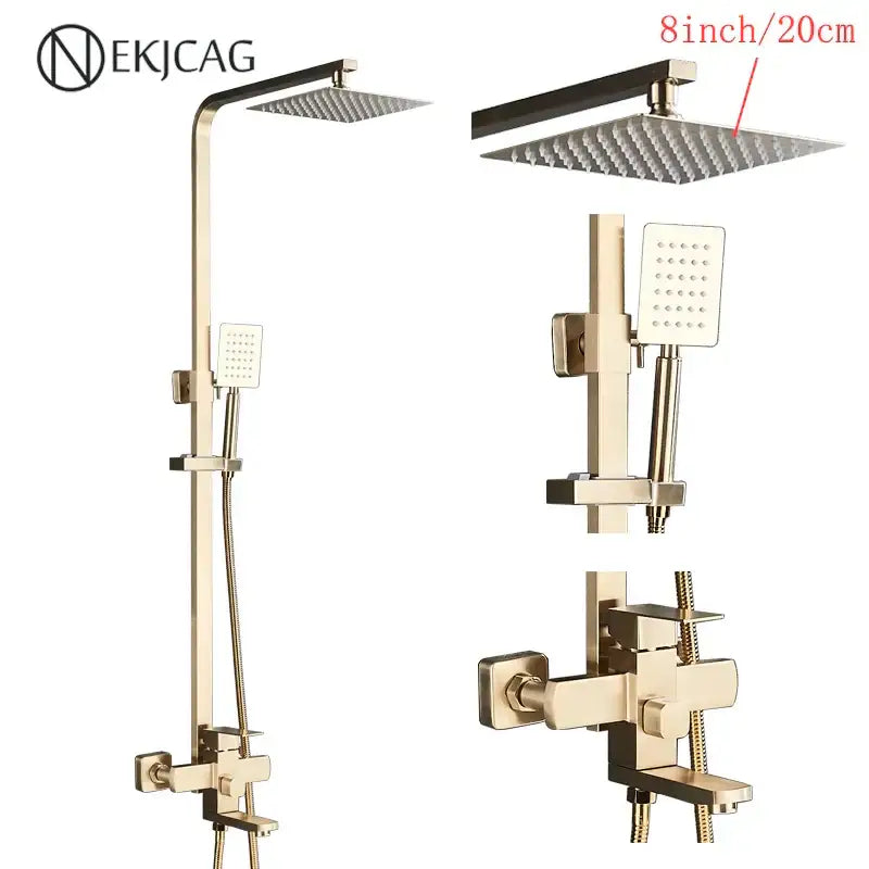 Gold-finished nekjag shower faucet set with square rainhead and handheld spray for modern bathroom use