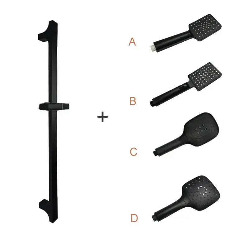 Modern matte black shower slider rail set with four matching black handheld showerheads labeled a to d for decorbites black shower