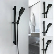 Modern matte black shower slider rail set with rectangular rainhead in black matte finish by decorbites black shower