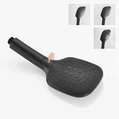 Modern matte black shower slider rail set featuring a black matte-finish rectangular showerhead with multiple nozzles