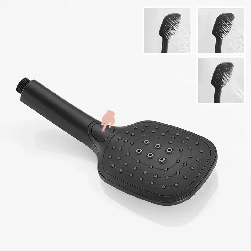 Modern matte black shower slider rail set featuring a black matte-finish rectangular showerhead with multiple nozzles