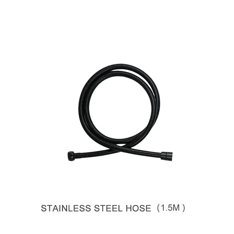 Black flexible stainless steel hose with coiled design and capped ends for decorbites black shower slider rail set