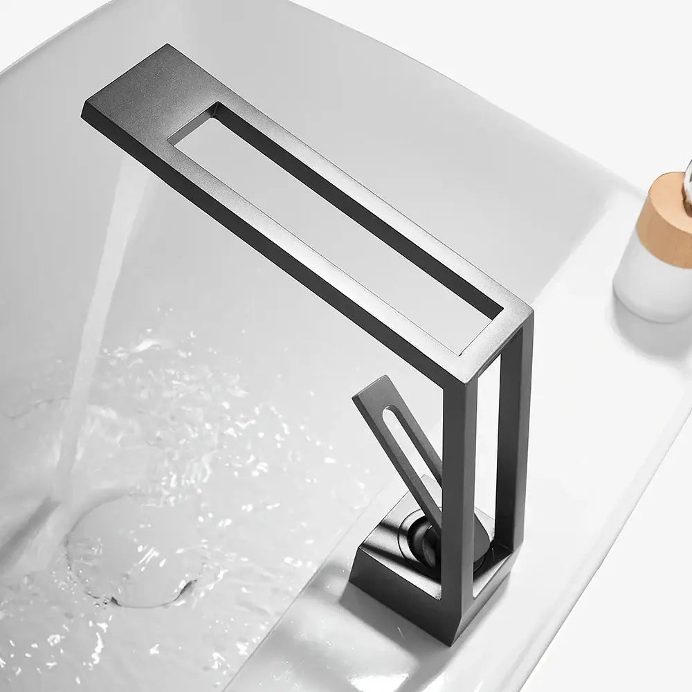 Modern matte black single handle basin faucet with sleek angular design for bathroom decorbites black single use
