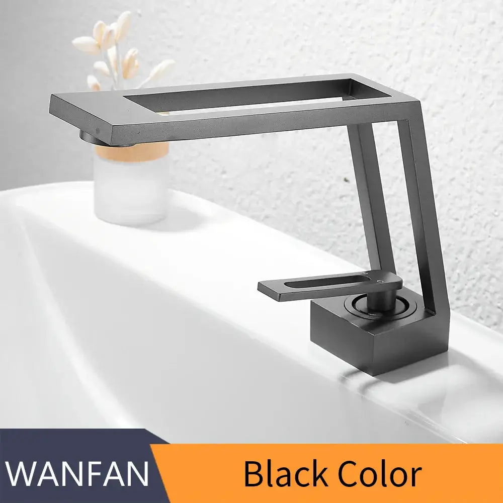 Modern matte black single handle basin faucet with rectangular spout and angular design decorbites black single model