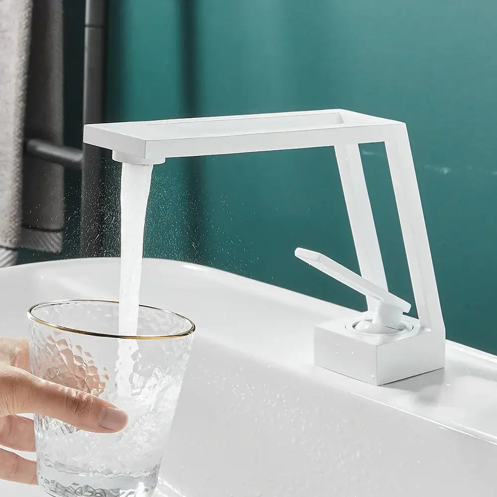 Modern white rectangular basin faucet with single handle featuring sleek minimalist decorbites black single design