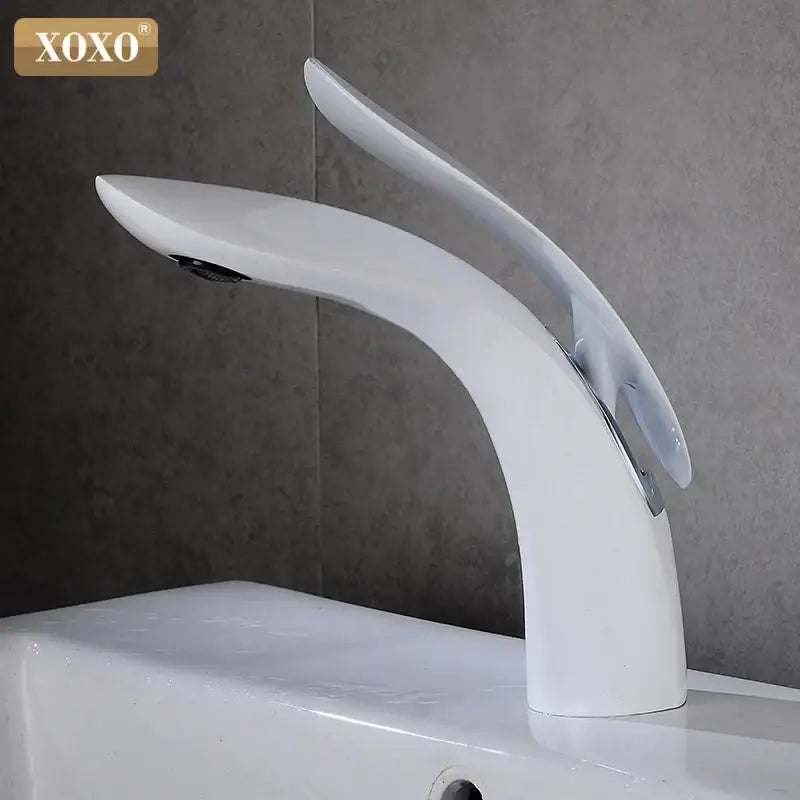 White xoxo brand modern basin faucet with single handle glossy finish and sleek curved design for bathroom use