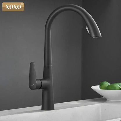 Black matte-finish xoxo brand modern matte black single handle pull out kitchen faucet with sleek curved spout