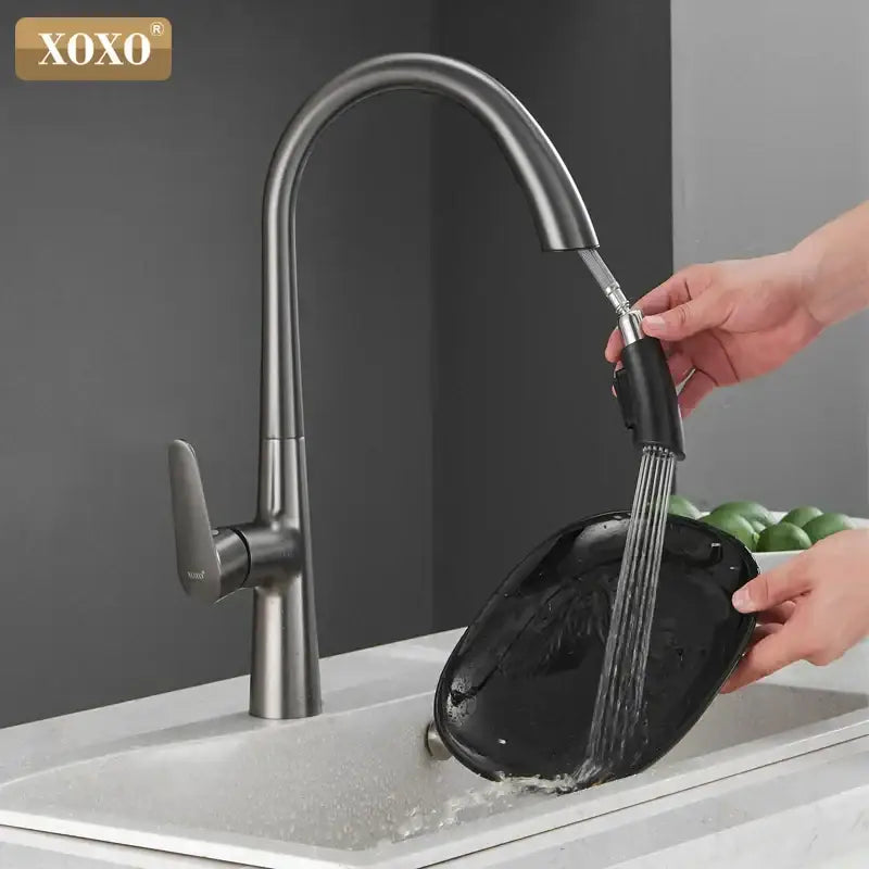 Modern matte black single handle kitchen faucet by xoxo with sleek curved spout and pull out spray head decorbites black single handle