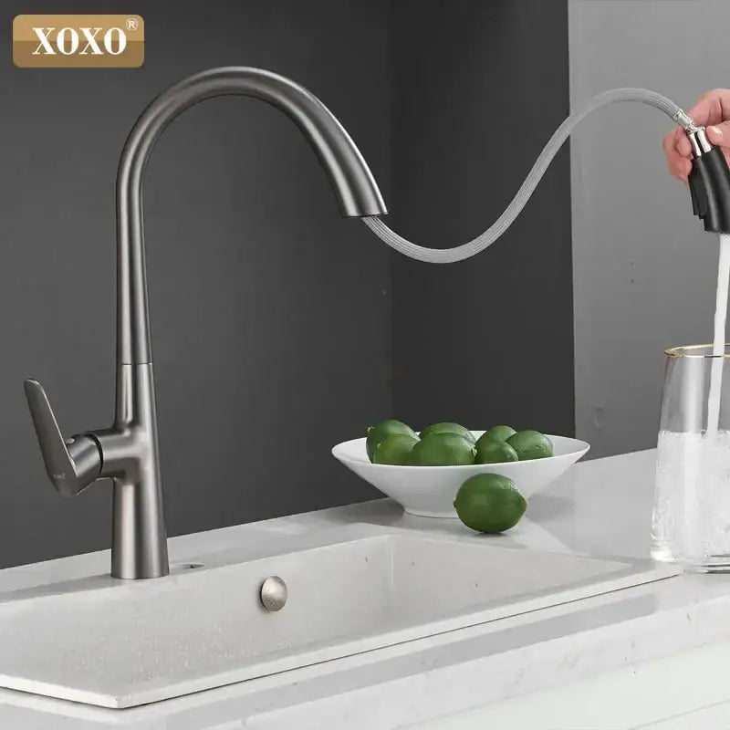 Modern matte black single handle pull out kitchen faucet by xoxo with flexible spray hose and decorbites black single handle design