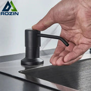 Modern matte black soap dispenser with stainless steel head and curved spout for kitchen use