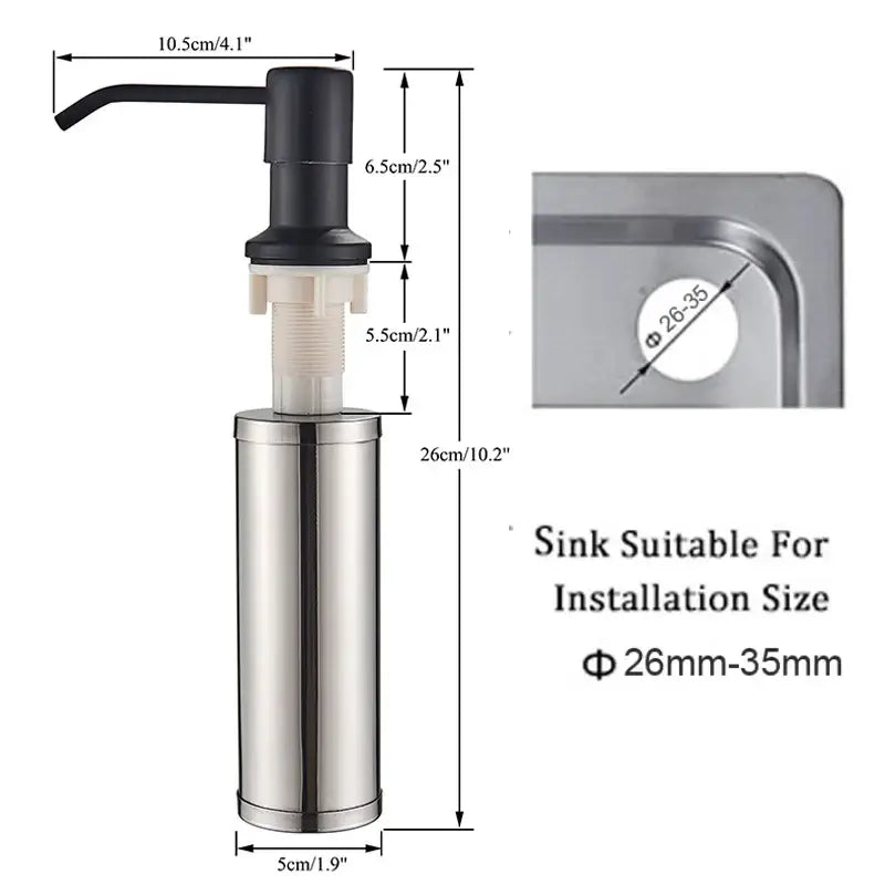 Modern matte black soap dispenser with stainless steel head black pump and white threaded collar for kitchen use