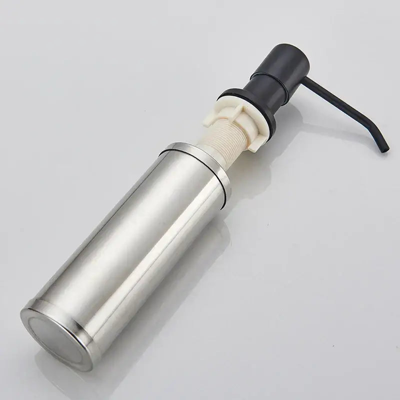 Stainless steel kitchen soap dispenser with black pump and handle featuring a stainless steel head for modern use