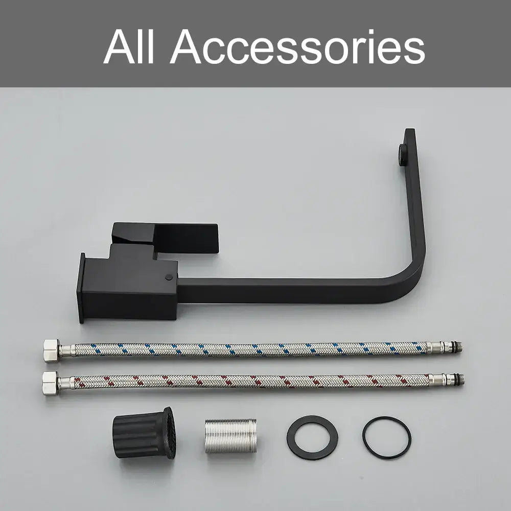 Black matte-finish kitchen faucet with two braided metal hoses decorbites black square hot and cold mixer tap