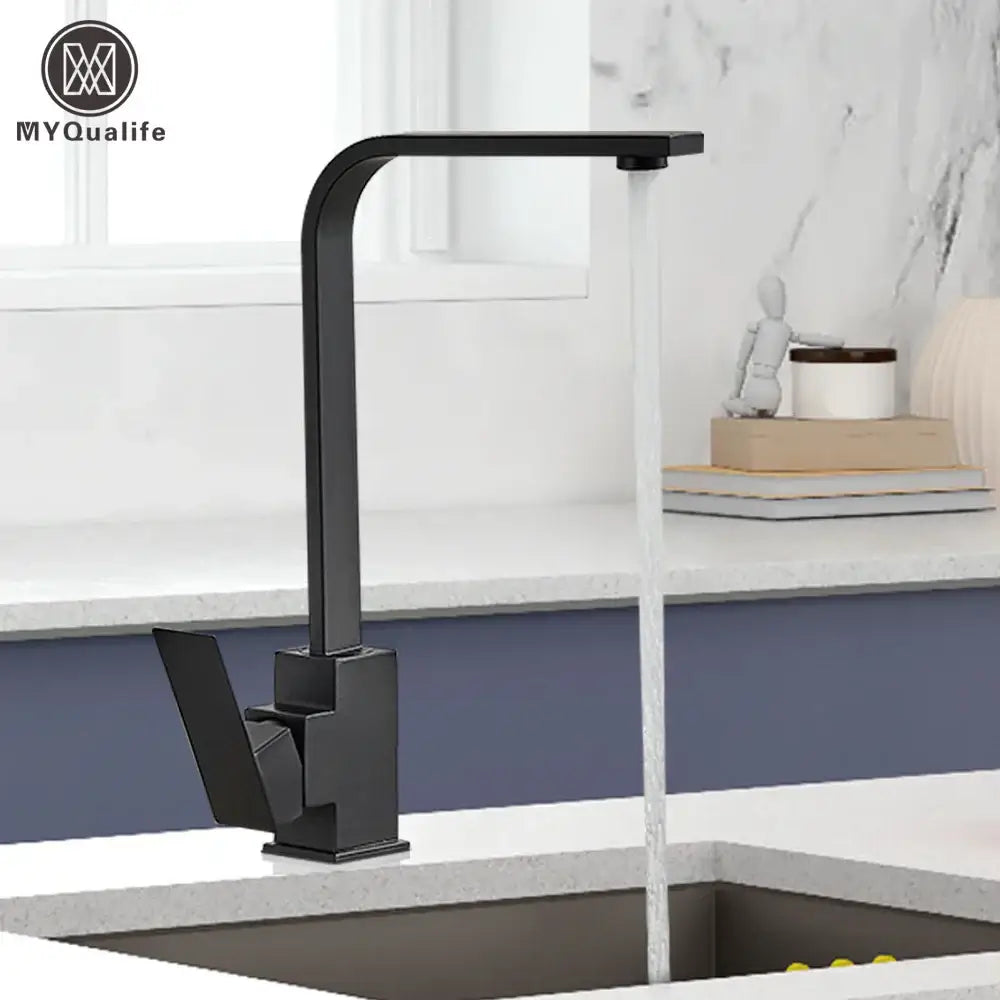 Modern matte black square kitchen faucet with angular design and curved spout featuring myqualife brand logo
