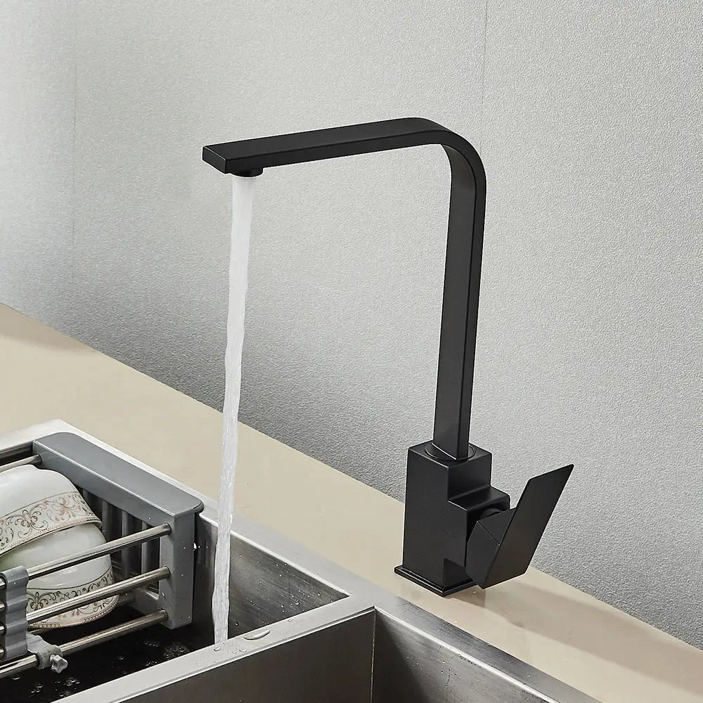 Modern matte black square kitchen faucet with sleek angular design and high-arc spout by decorbites black square kitchen