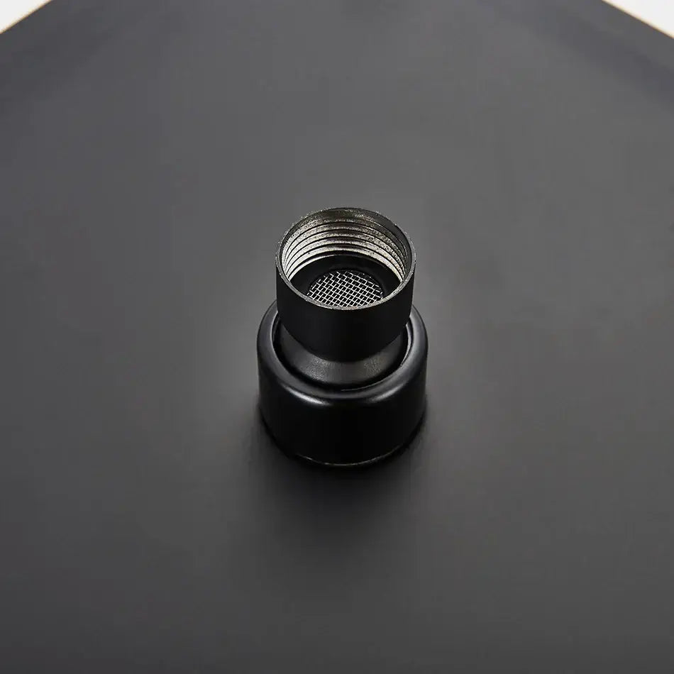 Modern matte black square rainfall shower head with black faucet aerator featuring metallic mesh screen and threaded interior