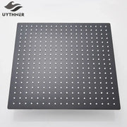 Modern matte black square rainfall shower head with black matte finish and white droplet-shaped nozzles grid