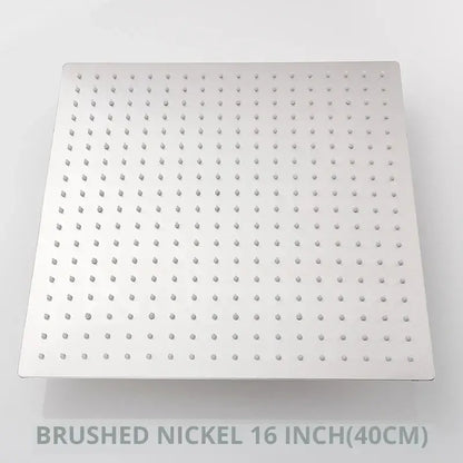 Brushed nickel square rainfall shower head with grid of spray nozzles in modern matte black shower head design