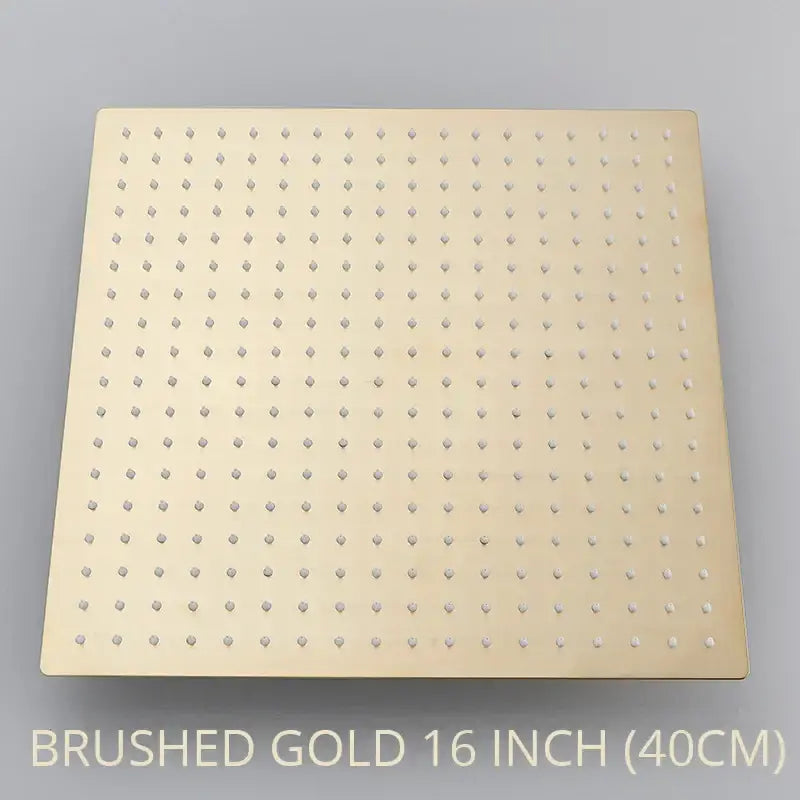 Brushed gold 16-inch square rainfall shower head with evenly spaced rounded nozzles modern matte black bathroom fixture